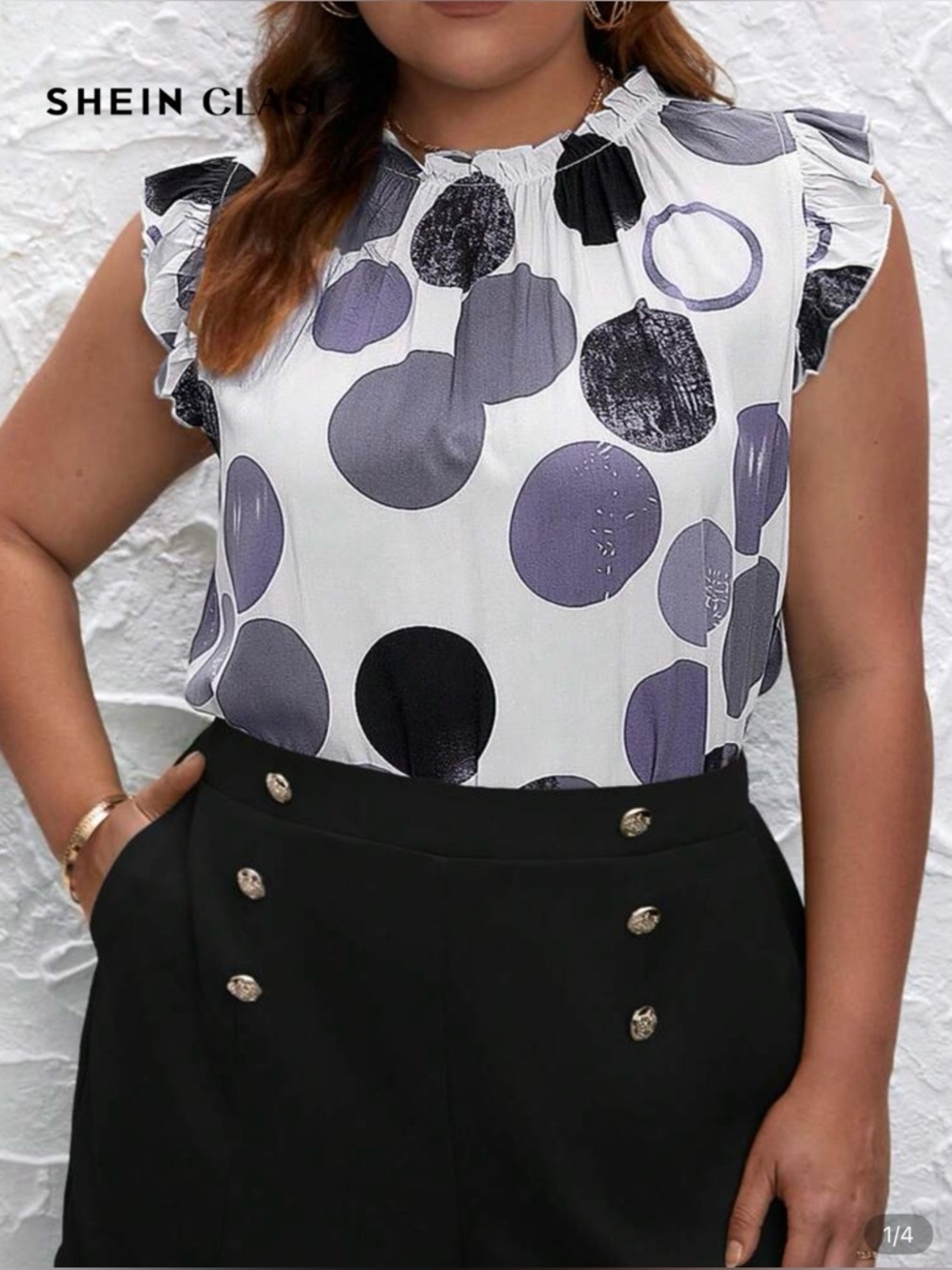 SHEIN Classic Plus Size White Polka Dot Ruffle Sleeve Blouse